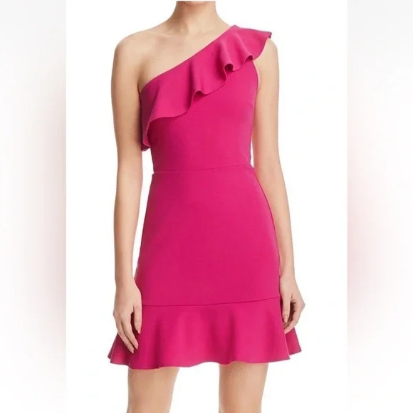 NWT AQUA• Pink Scuba Ruffled One-Shoulder Flounce Sheath Dress XS NEW $88 - Picture 1 of 9